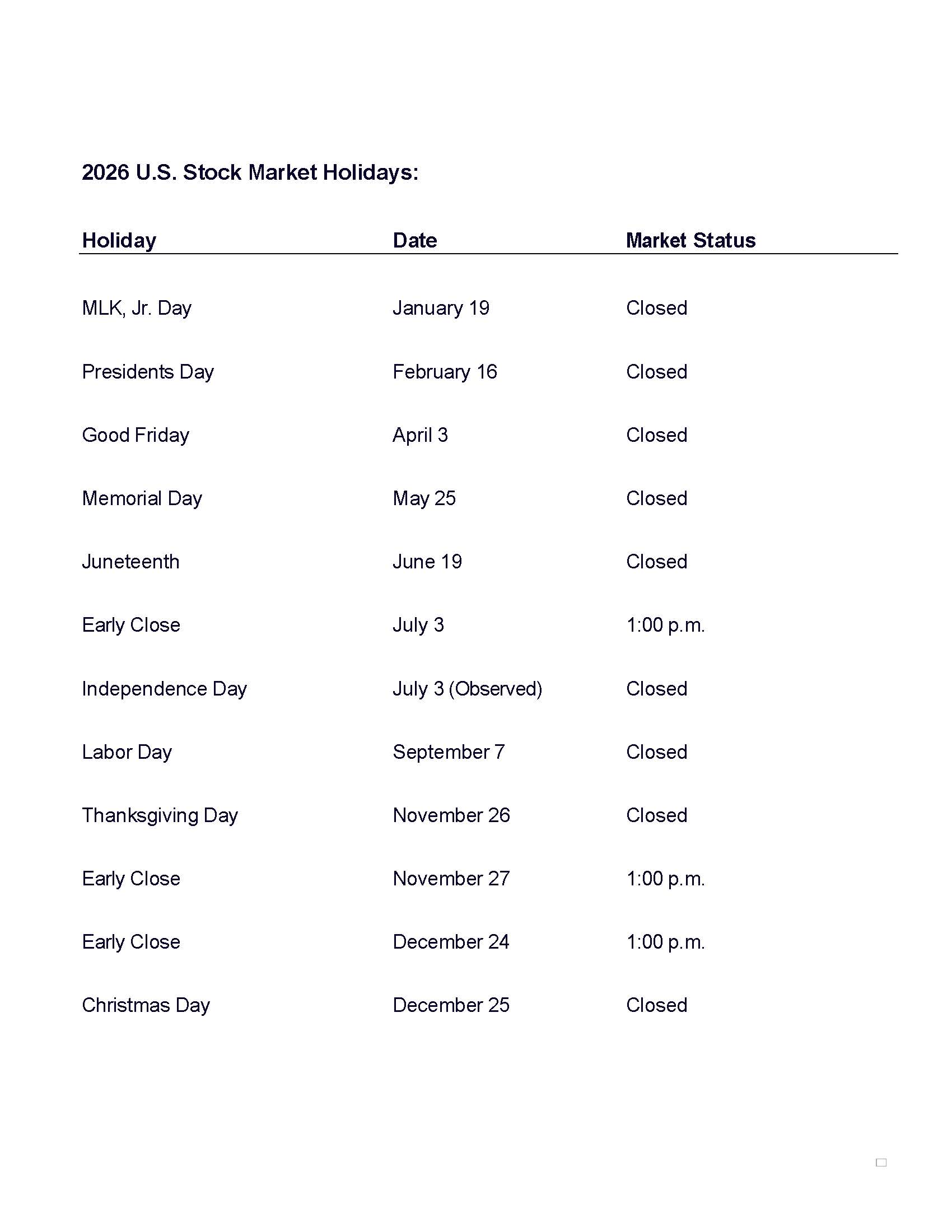 2026 US Stock Market Schedule